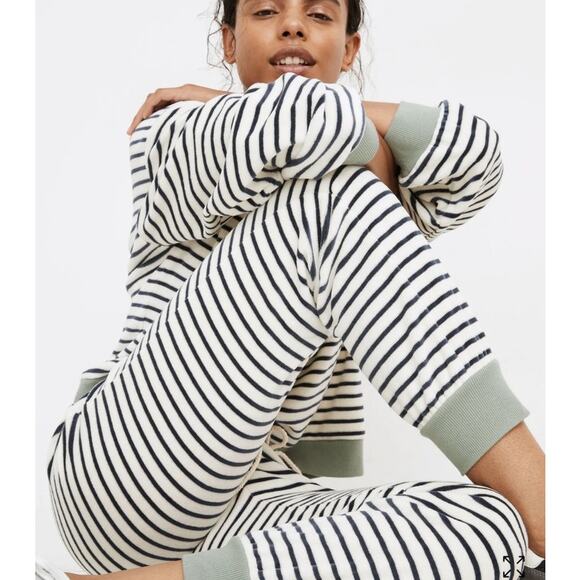 Madewell MWL Womens Velour Slim Jogger Pants Large Green Stripe Loungewear - Picture 2 of 9